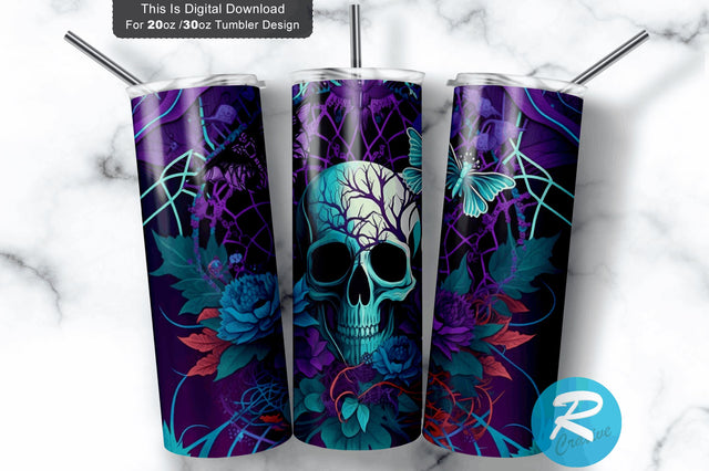 Halloween Skull Floral Purple boo 20 oz / 30 oz Tumbler PNG Sublimation Regulrcrative 