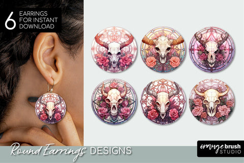Halloween Skull PNG, Round Earrings Sublimation Designs Sublimation OrangeBrushStudio 