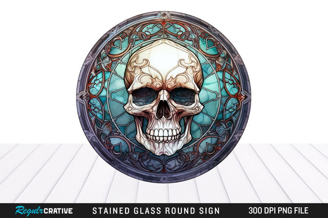 Halloween Skull Stained Glass Round Coaster Png Design Sublimation Regulrcrative 
