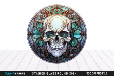 Halloween Skull Stained Glass Round Coaster Png Design Sublimation Regulrcrative 