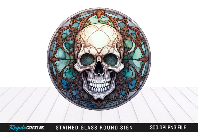 Halloween Skull Stained Glass Round Coaster Png Design Sublimation Regulrcrative 