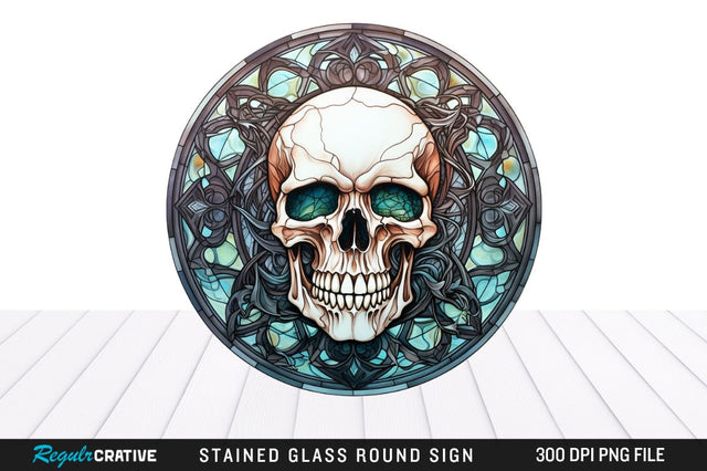 Halloween Skull Stained Glass Round Coaster Png Design Sublimation Regulrcrative 