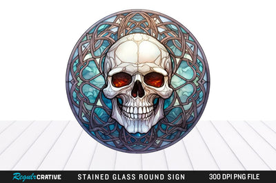 Halloween Skull Stained Glass Round Coaster Png Design Sublimation Regulrcrative 