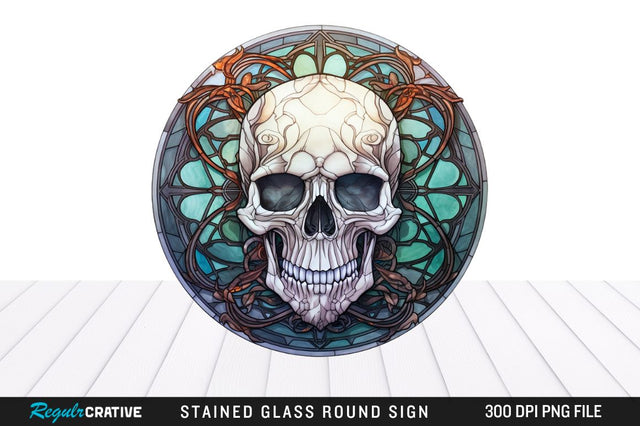 Halloween Skull Stained Glass Round Coaster Png Design Sublimation Regulrcrative 