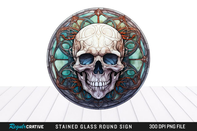 Halloween Skull Stained Glass Round Coaster Png Design Sublimation Regulrcrative 