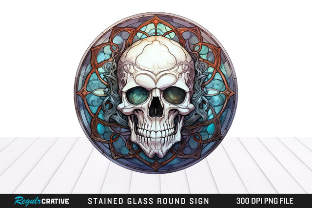 Halloween Skull Stained Glass Round Coaster Png Design Sublimation Regulrcrative 