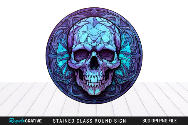 Halloween Skull Stained Glass Round Coaster Png Design Sublimation Regulrcrative 