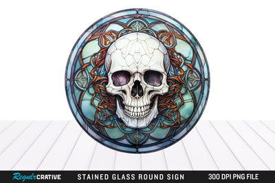 Halloween Skull Stained Glass Round Coaster Png Design Sublimation Regulrcrative 