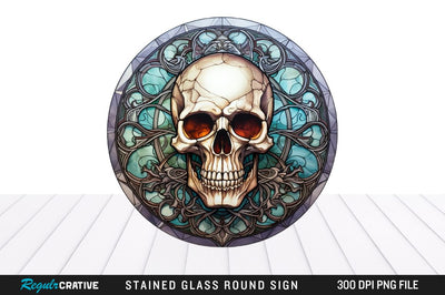 Halloween Skull Stained Glass Round Coaster Png Design Sublimation Regulrcrative 