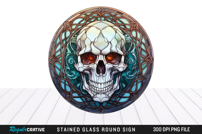 Halloween Skull Stained Glass Round Coaster Png Design Sublimation Regulrcrative 