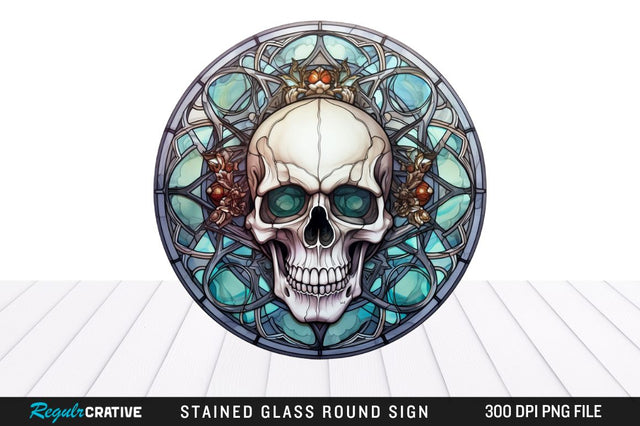 Halloween Skull Stained Glass Round Coaster Png Design Sublimation Regulrcrative 