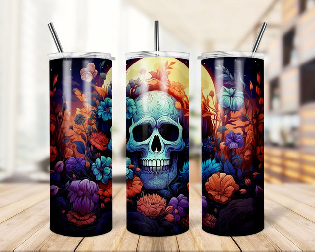 Halloween skull wildflowers and pumpkins, Sublimation Design Download, Coffee Tumbler, Skinny Tumbler PNG Sublimation TrendingDesign 