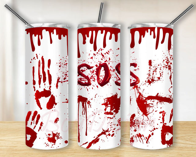 Halloween S.O.S 20 oz Skinny Tumbler Blood Splatter Sublimation Design for Straight, Tapered Tumbler Wrap PNG Digital Download Sublimation BouDesign 