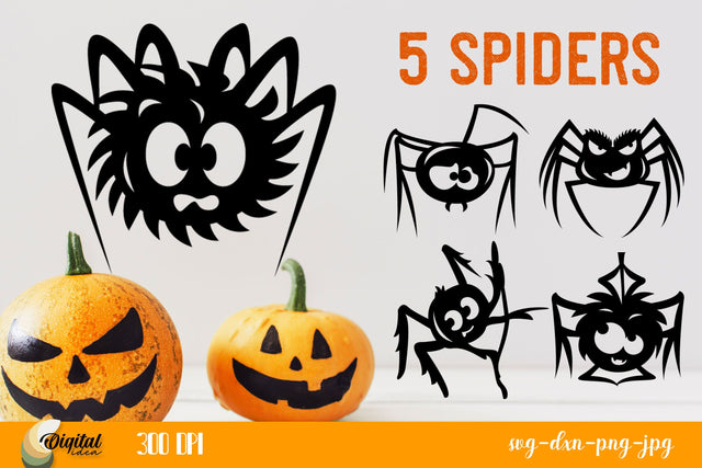 Halloween Spiders SVG. Mix 5 Spiders SVG. Funny Halloween Design SVG. SVG Evgenyia Guschina 