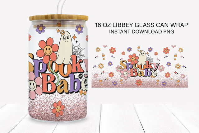 Halloween Spooky Babe Glitter 16 oz Libbey Glass Can Wrap Sublimation BijouBay 