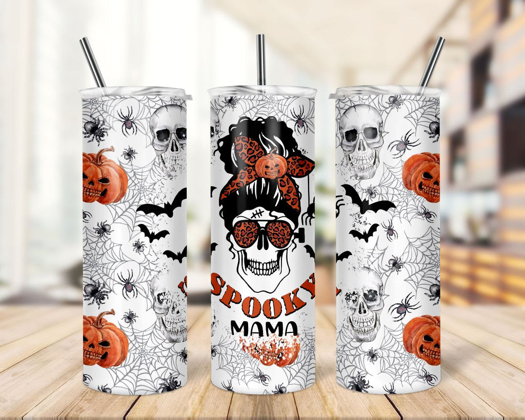 Halloween Spooky Mama Messy Bun Skull 20oz Skinny Tumbler PNG - So Fontsy