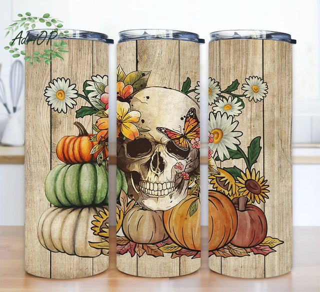 Halloween Spooky Pumpkins 20oz Skinny Tumbler Png, Fall Design, Autumn Design, Skulls Tumbler, Halloween Pumpkin Floral Spooky Tumbler Sublimation AdriOP 