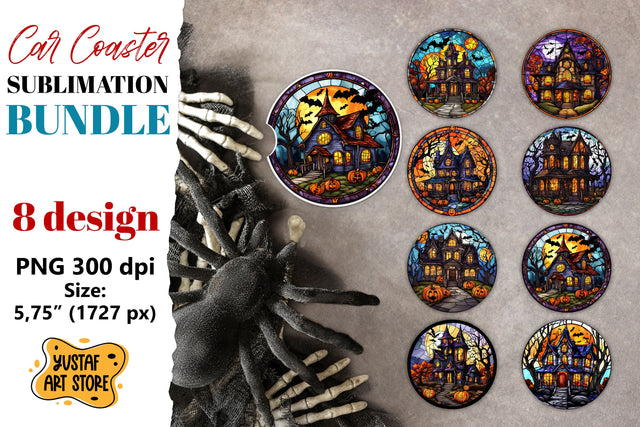 Halloween Stained glass Car coaster sublimation. Witch house Sublimation Yustaf Art Store 