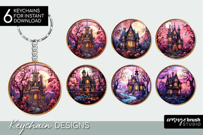 Halloween Stained Glass Spooky House Keychain Bundle Sublimation OrangeBrushStudio 