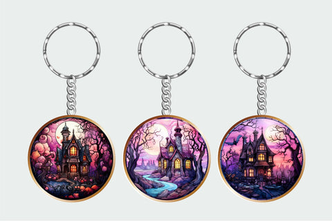 Halloween Stained Glass Spooky House Keychain Bundle Sublimation OrangeBrushStudio 