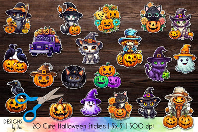 Halloween Stickers Bundle | Black Cat Sticker | Creepy Pumpkins PNG Sublimation Designs by Ira 