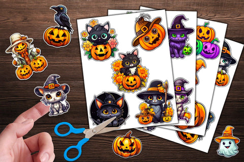 Halloween Stickers Bundle | Black Cat Sticker | Creepy Pumpkins PNG Sublimation Designs by Ira 