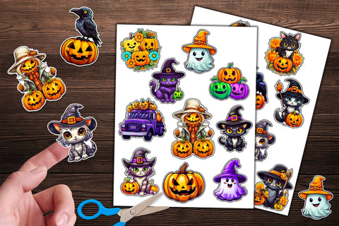 Halloween Stickers Bundle | Black Cat Sticker | Creepy Pumpkins PNG Sublimation Designs by Ira 