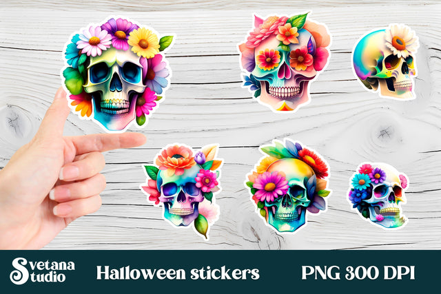 Halloween stickers pack | Printable skull flower stickers Sublimation Svetana Studio 