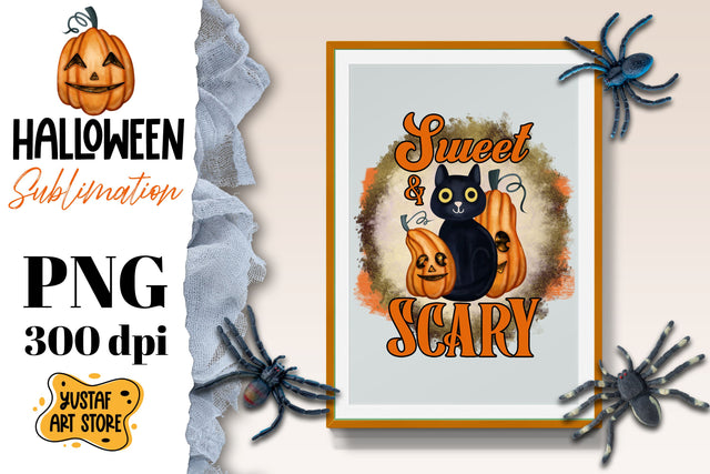 Halloween sublimation design.Sweet & Scary.Cat with Pumpkins Sublimation Yustaf Art Store 