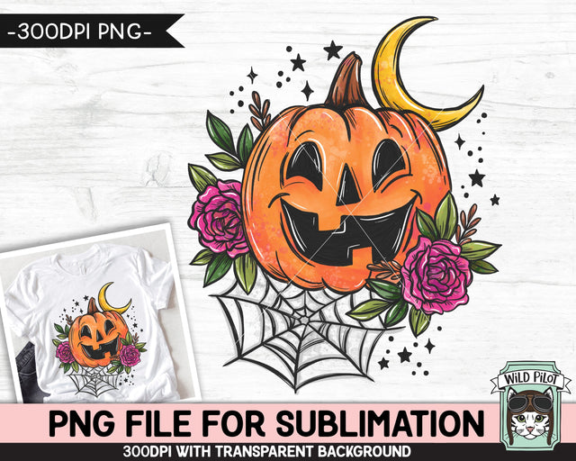Halloween SUBLIMATION PNG, Flower Jack o Lantern png file, Flower Pumpkin sublimation, Halloween png file, Floral Jack o Lantern png, moon png, web png Sublimation Wild Pilot 