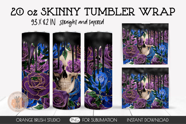 Halloween Sublimation Tumbler Wrap Skulls And Roses 20 Oz Sublimation OrangeBrushStudio 