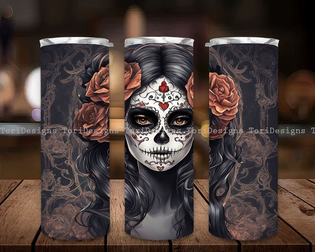 Halloween Sugar Skull Girl Gothic 20 oz Skinny Tumbler Sublimation Design, Straight And Tapered Tumbler Wrap, Instant Digital Download PNG Sublimation ToriDesigns 