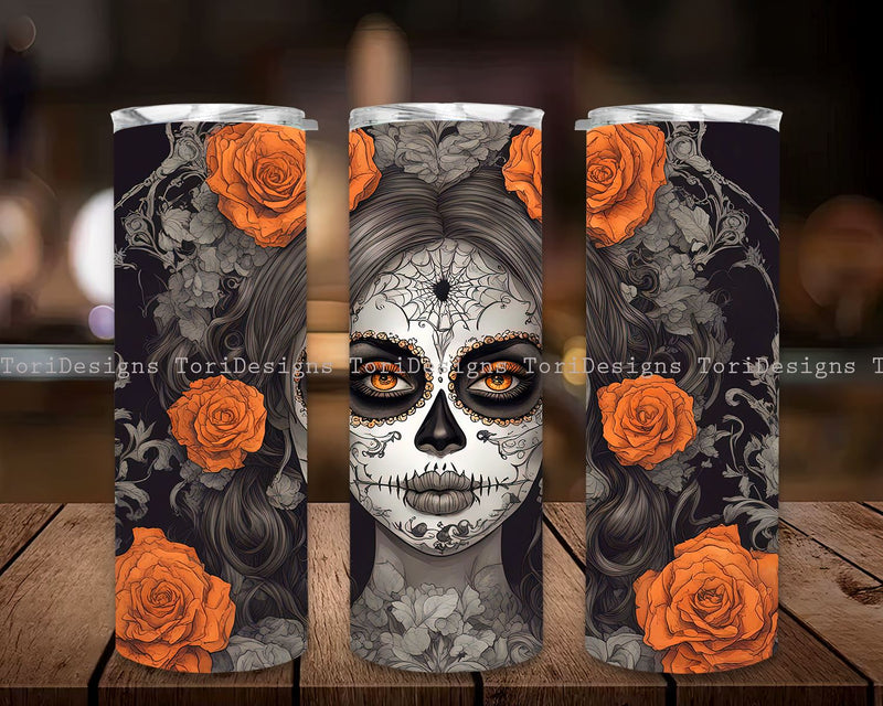 Halloween Sugar Skull Girl Gothic 20 oz Skinny Tumbler Sublimation Design, Straight And Tapered Tumbler Wrap, Instant Digital Download Sublimation ToriDesigns 