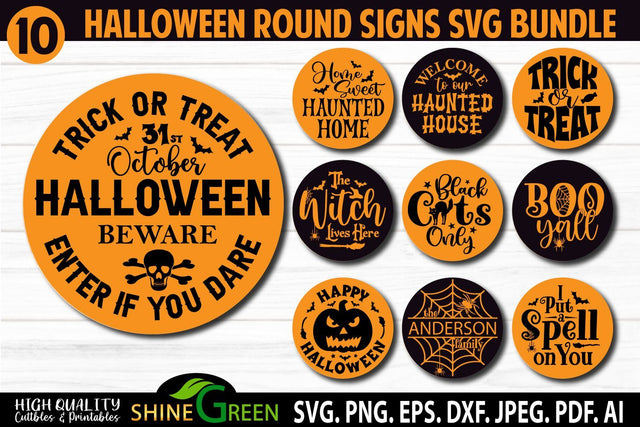 Halloween SVG Bundle - 10 Round Wood Signs for Home, Farmhouse SVG Shine Green Art 