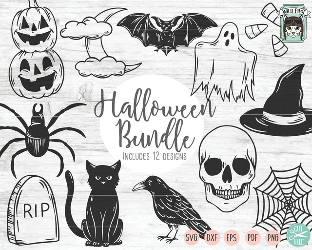Halloween SVG File, Halloween Bundle SVG Cut File, Pumpkin SVG, Jack-O-Lantern SVG, Spider SVG, Web SVG, Skull SVG, Witch Hat SVG, Black Cat SVG, Moon SVG, Candy Corn SVG, Crow SVG SVG Wild Pilot 