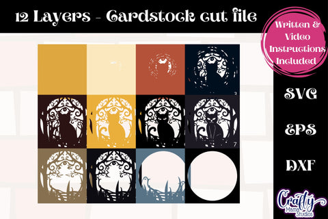 Halloween Svg Shadow Box, 3D Layered Black Cat Moon Scene SVG Crafty Mama Studios 
