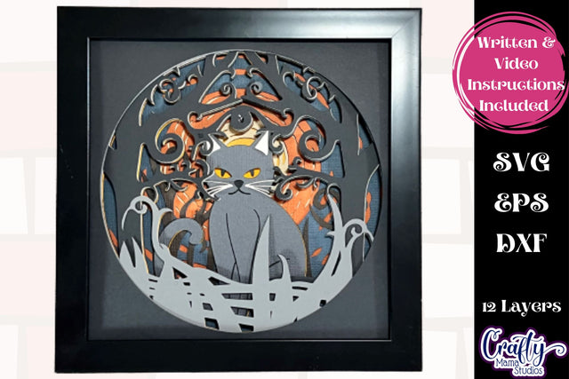 Halloween Svg Shadow Box, 3D Layered Black Cat Moon Scene SVG Crafty Mama Studios 
