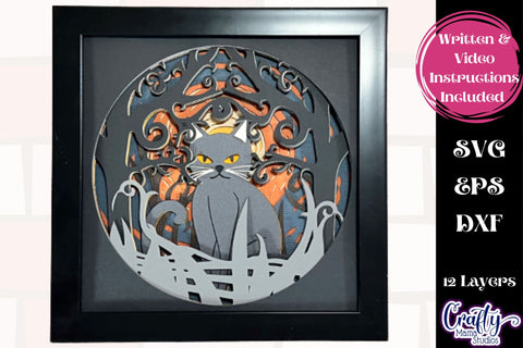 Halloween Svg Shadow Box, 3D Layered Black Cat Moon Scene SVG Crafty Mama Studios 