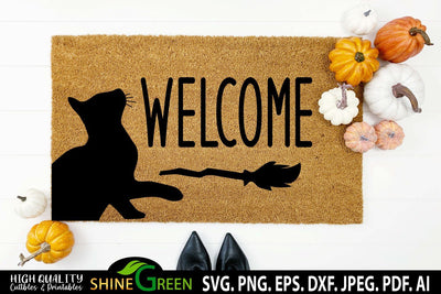 Halloween SVG - Welcome Cat Doormat SVG for Home, Farmhouse SVG Shine Green Art 