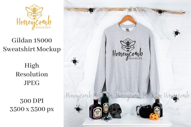 Halloween Sweatshirt Mockup, Sport Grey Gildan 18000 Sweatshirt Mockup, Hanging Mockup, Grey Sweatshirt Mockup Mock Up Photo Honeycomb Mockups 