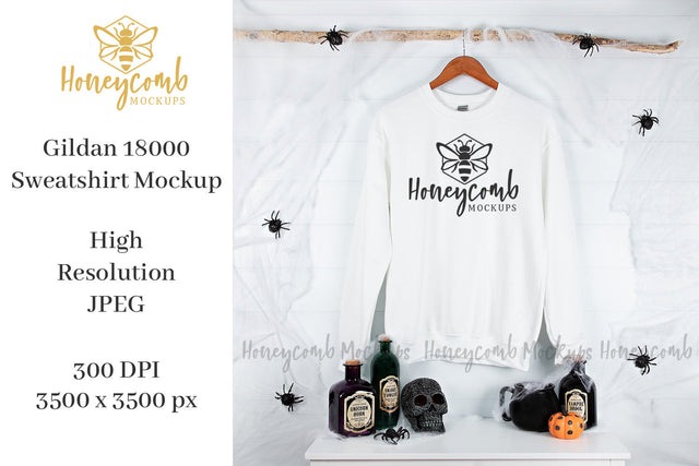 Halloween Sweatshirt Mockup, White Gildan 18000 Sweatshirt Mockup, Hanging Mockup, White Sweatshirt Mockup Mock Up Photo Honeycomb Mockups 