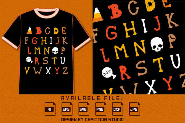 Halloween Teacher Alphabet T-Shirt, Halloween A to Z Shirt, Happy Halloween Abcd Shirt, Halloween Skull Alphabet Shirt, Halloween Boo Shirt, Print Template SVG Depiction Studio 