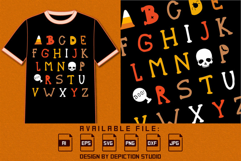 Halloween Teacher Alphabet T-Shirt, Halloween A to Z Shirt, Happy Halloween Abcd Shirt, Halloween Skull Alphabet Shirt, Halloween Boo Shirt, Print Template SVG Depiction Studio 