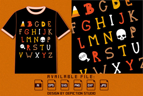 Halloween Teacher Alphabet T-Shirt, Halloween A to Z Shirt, Happy Halloween Abcd Shirt, Halloween Skull Alphabet Shirt, Halloween Boo Shirt, Print Template SVG Depiction Studio 