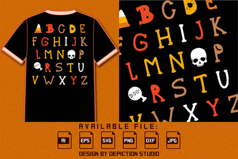 Halloween Teacher Alphabet T-Shirt, Halloween A to Z Shirt, Happy Halloween Abcd Shirt, Halloween Skull Alphabet Shirt, Halloween Boo Shirt, Print Template SVG Depiction Studio 