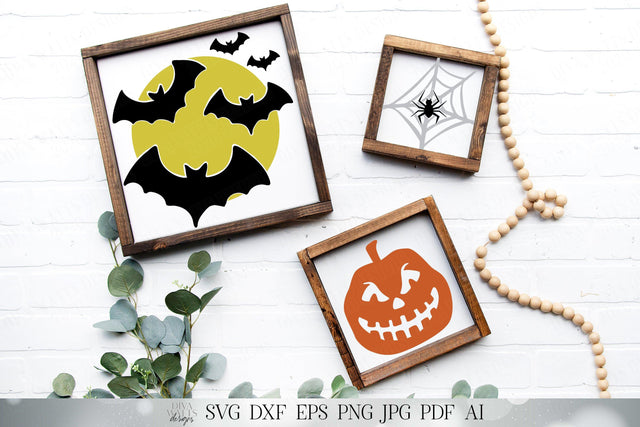 Halloween Trio SVG Set | Bats with Moon SVG | Jack O Lantern SVG | Spider svg | Printables dxf and more! | Fall svg SVG Diva Watts Designs 