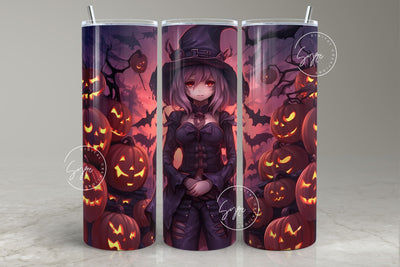 Halloween Tumbler, Manga Witch, Witch with Hat, Pumpkin, Spooky Tumbler Wrap, Bat, 20oz Skinny Tumbler, Seamless Sublimation PNG, Digital Sublimation Syre Digital Creations 