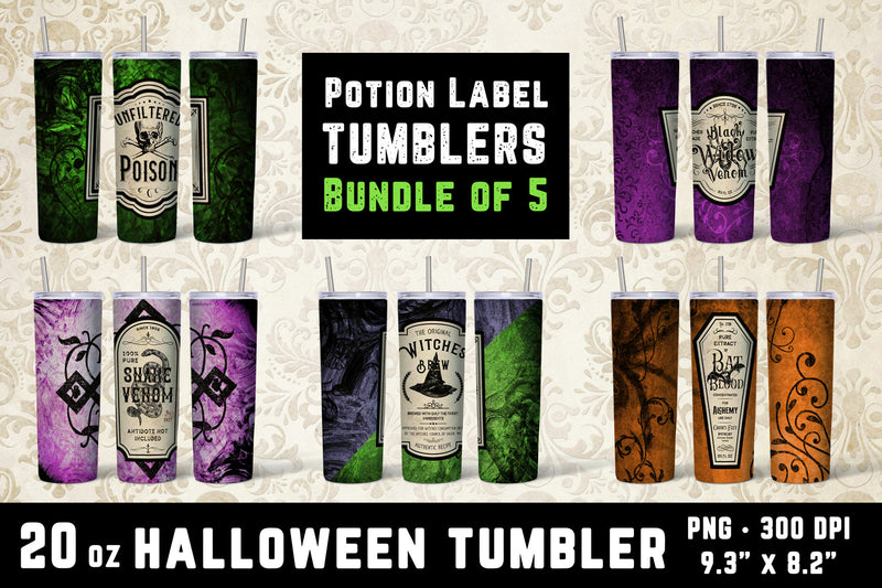 Halloween Tumbler Wrap Bundle - 5 Potion Label Tumbler Wraps Sublimation Hippo Creations 