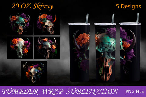 Halloween tumbler wrap png, Cow skull and flowers 20 oz sublimation Sublimation AnastasiyaArtDesign 