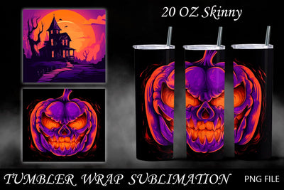 Halloween tumbler wrap, Scary face pumpkin, Haunted house Sublimation AnastasiyaArtDesign 